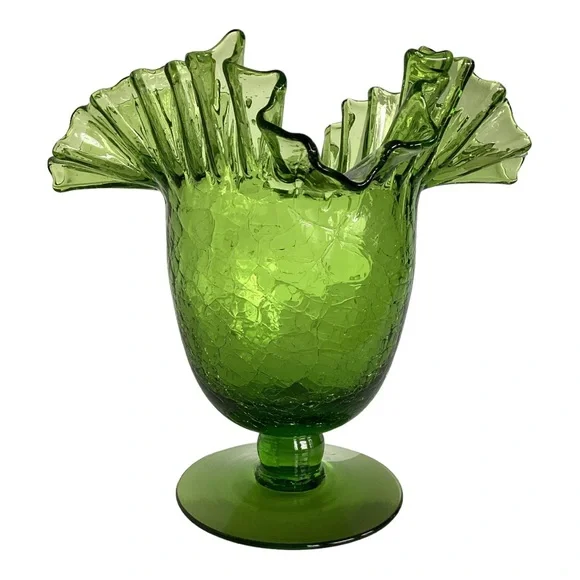 Blenko 388 Green Crackle Art Glass Vase Handcrafted Crimped Ruffled Edge Vintage - Picture 3 of 16